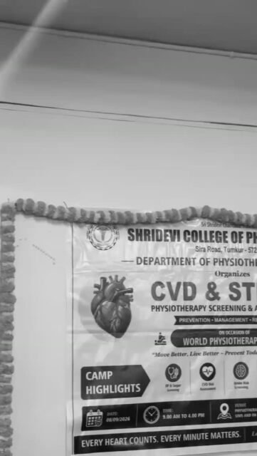 ❤️ 🧠 CVD & STROKE AWARENESS CAMP 2026🧠 ❤️

On the occasion of WORLD PHYSIOTHERAPY DAY, Shridevi College of Physiotherapy in the  Physiotherapy OPD,in association with SIMS&RH organized a Free Screening & Awareness Camp on

Theme: "PHYSIOTHERAPY IN CVD & STROKE CAN PREVENT COMPLICATIONS & IMPROVES QUALITY OF LIFE"
"Move Better, Live Longer"

📍 Venue: Department of Physiotherapy, SIMS&RH, Tumakuru

✨ CAMP HIGHLIGHTS:
✅ Inauguration with Lamp Lighting Ceremony
✅ BE FAST - Stroke Awareness Education
✅ CVD & Stroke Prevention - Diet & Lifestyle Counselling
✅ Free Health Screening - BP, BMI, Height, Weight, Waist Circumference
✅ Physiotherapy Assessment & Guidance

"Every Beat Counts, Every Minute Matters"

A heartfelt thanks to all faculty, PGs, Interns, students and patients who made this camp a grand success! 🙏

#ShrideviCollegeOfPhysiotherapy #SCPT #WorldPhysiotherapyDay #WorldPTDay #CVDStroke StrokeAwareness BEFAST Physiotherapy CardioPulmonaryPhysio NeuroPhysio SIMSRH Tumakuru PhysiotherapyCamp MoveBetterLiveLonger